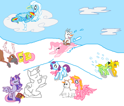 Size: 2612x2248 | Tagged: safe, artist:moonsaphirre, derpibooru import, applejack, fluttershy, rainbow dash, rarity, twilight sparkle, twilight sparkle (alicorn), alicorn, deer, earth pony, pegasus, pony, reindeer, unicorn, anna, elsa, female, frozen (movie), kristoff, mare, olaf, ponified, snowpony, sven