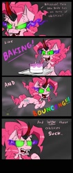 Size: 850x2000 | Tagged: safe, artist:ichibangravity, king sombra, pinkie pie, earth pony, pony, unicorn, ask king sombra pie, baking, bouncing, cake, comic, dark magic, fangs, possessed, possession, sombra eyes, sombra horn, sombra pie