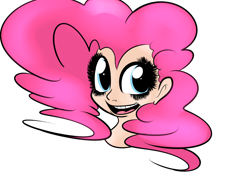 Size: 954x659 | Tagged: source needed, safe, artist:extradan, pinkie pie, blue eyes, bust, female, humanized, open mouth, pink hair, simple background, smiling, solo, white background