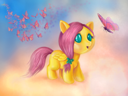 Size: 800x600 | Tagged: safe, artist:voodoo-tiki, fluttershy, butterfly, pegasus, pony, baby, baby pony, babyshy, cloud, cloudy, solo, younger