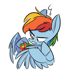 Size: 821x854 | Tagged: safe, artist:fluttershythekind, derpibooru import, rainbow dash, pegasus, pony, female, frustrated, mare, pointy legs, rubik's cube, simple background, solo, white background