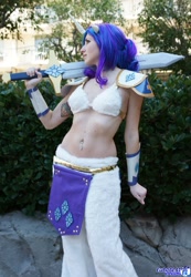 Size: 1417x2048 | Tagged: safe, artist:blakstarr, artist:flyingoctophant, rarity, human, anime los angeles, bellyring, cosplay, irl, irl human, photo, solo, sword, weapon