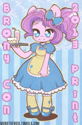 Size: 1515x2329 | Tagged: safe, artist:lolopan, pinkie pie, anthro, 2013, apron, bow, bronycon, clothes, dessert, dress, food, lace effects, looking at you, milkshake, pinstripes, ponytail, print, shoes, simple background, smiling, socks, solo, tray, waitress, wingding eyes
