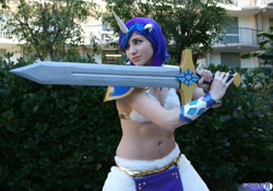 Size: 2048x1436 | Tagged: safe, artist:blakstarr, rarity, human, anime los angeles, bellyring, cosplay, irl, irl human, photo, solo, sword