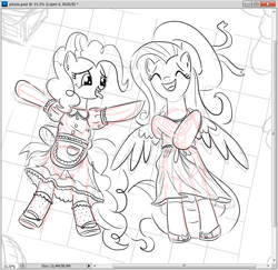 Size: 785x763 | Tagged: safe, artist:king-kakapo, fluttershy, pinkie pie, earth pony, pegasus, pony, apron, clothes, cute, dress, eyes closed, hat, laughing, maid, on back, open mouth, shoes, smiling, socks, tongue out, wip