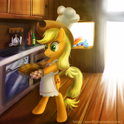 Size: 3543x3543 | Tagged: safe, artist:seer45, derpibooru import, applejack, rainbow dash, earth pony, pegasus, pony, apron, baking, bipedal, clothes, hoof hold, kitchen, oven, oven mitts, pie, smiling, soon, watching, window