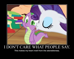 Size: 750x600 | Tagged: safe, edit, edited screencap, screencap, rarity, spike, dragon, pony, unicorn, secret of my excess, cute, eyes closed, female, floppy ears, frown, kiss mark, kissing, lipstick, male, motivational poster, shipping, sparity, spikelove, straight, wide eyes