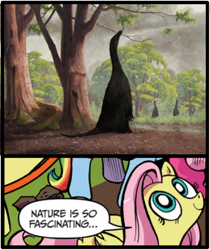 Size: 397x473 | Tagged: safe, artist:john conway, fluttershy, dinosaur, pegasus, pony, all yesterdays, blue coat, blue eyes, dialogue, exploitable meme, female, looking up, mare, meme, multicolored tail, nature is so fascinating, obligatory pony, pink coat, pink mane, smiling, speech bubble, therizinosaurus, wings, yellow coat