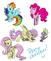 Size: 904x1086 | Tagged: safe, artist:drey15, derpibooru import, fluttershy, pinkie pie, rainbow dash, spike, bat pony, pony, bats!, eyes closed, flutterbat, race swap, sketch dump