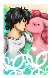 Size: 471x708 | Tagged: safe, artist:sailorsun546, pinkie pie, human, pony, crossover, death note, human on pony action, kissing, l lawliet