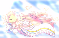 Size: 4000x2550 | Tagged: safe, artist:joyfulinsanity, fluttershy, bird, pegasus, pony, clothes, dress, flying, solo