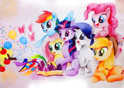 Size: 1600x1136 | Tagged: safe, artist:mashiromiku, derpibooru import, applejack, fluttershy, pinkie pie, rainbow dash, rarity, twilight sparkle, twilight sparkle (alicorn), alicorn, earth pony, pegasus, pony, unicorn, book, cutie mark, female, freckles, mane six, mare, open mouth, raised hoof, sitting, smiling, traditional art