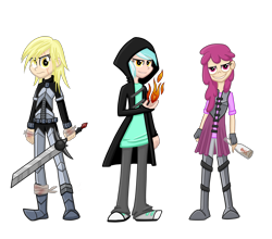 Size: 3600x3168 | Tagged: safe, artist:thecheeseburger, berry punch, berryshine, derpy hooves, lyra heartstrings, human, alcohol, armor, bandage, bottle, broken sword, clothes, coat, eye scar, fantasy, fantasy class, female, fire, hood, humanized, lidded eyes, scar, simple background, sword, transparent background, trio, weapon, woman