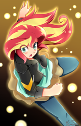 Size: 1320x2040 | Tagged: safe, artist:banzatou, sunset shimmer, human, equestria girls, action pose, blushing, clothes, female, human coloration, jacket, looking at you, open mouth, pants, solo