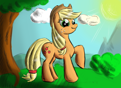 Size: 2200x1600 | Tagged: safe, artist:malamol, applejack, earth pony, pony, raised hoof, solo, sun, tree