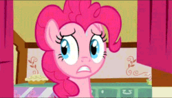 Size: 400x228 | Tagged: safe, screencap, pinkie pie, earth pony, pony, the cutie pox, animated, grin, loop, nervous, nervous grin, smiling, solo, sweat