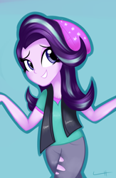 Size: 1024x1575 | Tagged: safe, artist:lcpegasister75, starlight glimmer, equestria girls, mirror magic, spoiler:eqg specials, beanie, clothes, hat, pants, shirt, simple background, smiling, vest