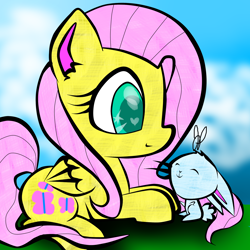 Size: 2000x2000 | Tagged: safe, artist:meotashie, angel bunny, fluttershy, pegasus, pony, rabbit, female, mare, pet, pink mane, yellow coat