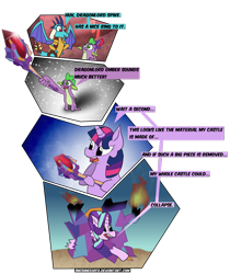 Size: 1024x1218 | Tagged: safe, artist:sneshneeorfa, princess ember, spike, starlight glimmer, twilight sparkle, alicorn, dragon, pony, unicorn, gauntlet of fire, bloodstone scepter, comic, dragon lord spike, funny, simple background, transparent background
