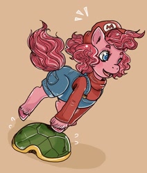 Size: 2640x3112 | Tagged: safe, artist:superlucky13, pinkie pie, earth pony, pony, colored pupils, female, mare, mario, mario pie, nintendo, overalls, parody, simple background, solo, super mario bros., turtle shell, unshorn fetlocks