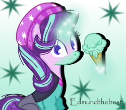 Size: 1024x898 | Tagged: dead source, safe, artist:edmundthebest, starlight glimmer, pony, unicorn, beanie, clothes, female, food, glowing horn, hat, ice cream, looking at you, mare, solo