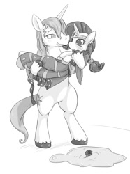 Size: 557x750 | Tagged: safe, artist:rigi, prince blueblood, rarity, pony, unicorn, bipedal, female, male, monochrome, pixiv, puddle, rariblood, shipping, straight