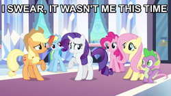 Size: 960x540 | Tagged: safe, derpibooru import, edit, edited screencap, screencap, applejack, fluttershy, pinkie pie, rainbow dash, rarity, spike, dragon, earth pony, pegasus, pony, unicorn, image macro, implied farting, meme