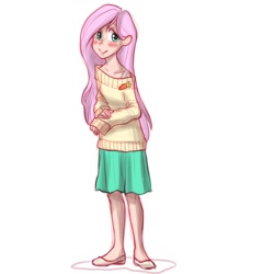 Size: 1280x1280 | Tagged: source needed, useless source url, safe, artist:misskatto, fluttershy, human, blushing, breasts, clothes, delicious flat chest, flattershy, humanized, off shoulder, simple background, skinny, skirt, solo, sweater, sweatershy, white background