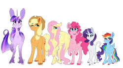 Size: 4167x2334 | Tagged: safe, artist:saphi-boo, derpibooru import, applejack, fluttershy, pinkie pie, rainbow dash, rarity, twilight sparkle, twilight sparkle (alicorn), alicorn, classical unicorn, earth pony, pegasus, pony, unicorn, chest fluff, cloven hooves, curved horn, ear fluff, leonine tail, line-up, mane six, simple background, smoldash, transparent background, unshorn fetlocks