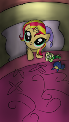 Size: 720x1280 | Tagged: safe, artist:tsundra, sunset shimmer, pony, unicorn, bed, cute, filly, filly sunset shimmer, hat, hnnng, nightcap, peridot (steven universe), shimmerbetes, solo, steven universe, weapons-grade cute