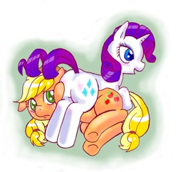 Size: 945x913 | Tagged: safe, artist:ozu, applejack, rarity, earth pony, pony, unicorn, pixiv, plot, rarijack, shipping