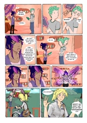 Size: 751x1063 | Tagged: safe, artist:demdoodles, derpy hooves, spike, twilight sparkle, human, comic:measurements, book, comic, humanized