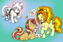 Size: 1200x798 | Tagged: safe, artist:kaemantis, adagio dazzle, sunset shimmer, oc, oc:snowshine, pony, unicorn, adopted offspring, adoragio, albino, cute, female, heart, hnnng, hoof braces, leg brace, lesbian, ocbetes, parent:adagio dazzle, parent:sunset shimmer, parents:sunsagio, rawr, sharp teeth, shimmerbetes, shipping, sunsagio