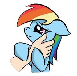 Size: 3550x3488 | Tagged: safe, artist:ophdesigner, artist:skittle_cuddler, derpibooru import, edit, rainbow dash, human, pony, disembodied hand, female, floppy ears, hand, mare, offscreen character, simple background, smiling, solo focus, transparent background