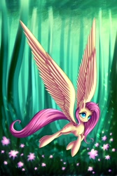 Size: 2000x3000 | Tagged: safe, artist:asimos, fluttershy, pegasus, pony, flower, flying, forest, impossibly large wings, scenery, solo