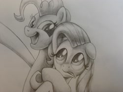 Size: 3189x2385 | Tagged: safe, artist:verulence, fluttershy, pinkie pie, earth pony, pegasus, pony, monochrome, traditional art