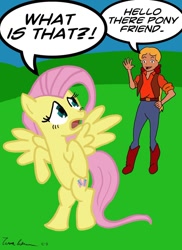 Size: 1000x1375 | Tagged: safe, artist:midgear, fluttershy, megan williams, human, g1, g1 to g4, generation leap, speech bubble