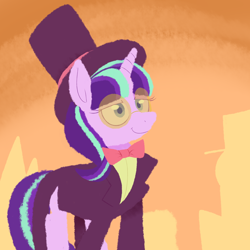 Size: 1024x1024 | Tagged: safe, artist:woollily, starlight glimmer, pony, unicorn, abstract background, crossover, female, glasses, hat, mare, smiling, solo, superjail, the warden, top hat