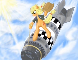 Size: 3300x2550 | Tagged: safe, artist:starhoof, applejack, earth pony, pony, semi-anthro, bomb, dr. strangelove, hat, lasso, riding a bomb, rope