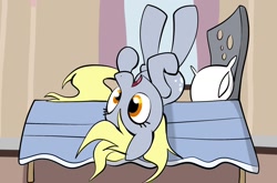 Size: 1280x843 | Tagged: artist needed, safe, derpy hooves, pegasus, pony, bed, female, mare, on back, rolling, solo