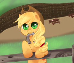 Size: 1280x1092 | Tagged: safe, artist:aisuroma, applejack, earth pony, pony, cute, fence, horseshoes, jackabetes, mouth hold, solo