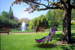 Size: 800x533 | Tagged: safe, artist:ryanboy17, derpibooru import, twilight sparkle, human, bench, fountain, irl, irl human, lake, park, photo, ponies in real life, tree