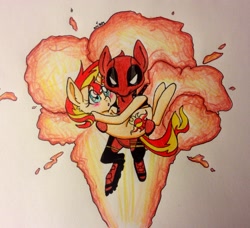 Size: 2565x2337 | Tagged: safe, artist:ameliacostanza, sunset shimmer, pony, unicorn, bridal carry, crossover, deadpool, explosion, marvel, ponified, traditional art, wade wilson