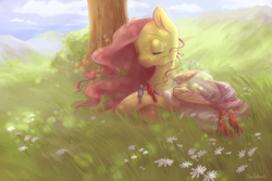 Size: 1800x1200 | Tagged: safe, artist:wolfiedrawie, fluttershy, bird, pegasus, pony, squirrel, animal, clothes, eyes closed, flower, folded wings, prone, scenery, see-through, smiling, solo, tree, under the tree, windswept mane