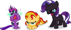 Size: 2919x1243 | Tagged: safe, artist:punzil504, midnight sparkle, nightmare rarity, sci-twi, sunset shimmer, twilight sparkle, pony, equestria girls, 5-year-old, baby, baby pony, babylight sparkle, babynight sparkle, cute, equestria girls ponified, filly, midnightabetes, ponified, younger