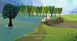 Size: 1595x861 | Tagged: safe, screencap, applejack, fluttershy, beaver, earth pony, pegasus, pony, english, flood, florida, youtube caption, youtube link