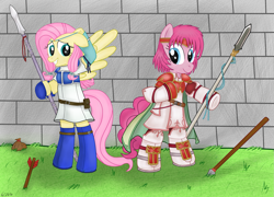 Size: 1635x1177 | Tagged: safe, artist:theculturewarrior, fluttershy, pinkie pie, earth pony, pony, arrows, cosplay, crossover, dressup, fire emblem, fire emblem: path of radiance, fire emblem: radiant dawn, fire emblem: the blazing blade, florina (fire emblem), lance, marcia, pegasus knights