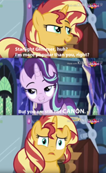 Size: 808x1312 | Tagged: safe, edit, edited screencap, screencap, starlight glimmer, sunset shimmer, pony, equestria girls, mirror magic, spoiler:eqg specials, hilarious in hindsight, op is a cuck, op is trying to start shit, sunset vs starlight debate, teletoon