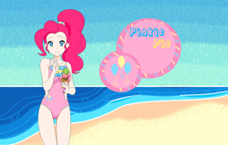 Size: 1644x1052 | Tagged: safe, artist:mattmankoga, pinkie pie, human, anime, beach, clothes, cute, diapinkes, humanized, ice cream, looking at you, peace sign, solo, swimsuit
