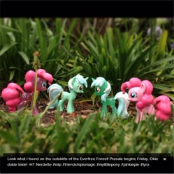 Size: 611x613 | Tagged: safe, lyra heartstrings, pinkie pie, figure, funko, grass, hot topic, irl, photo, text, toy